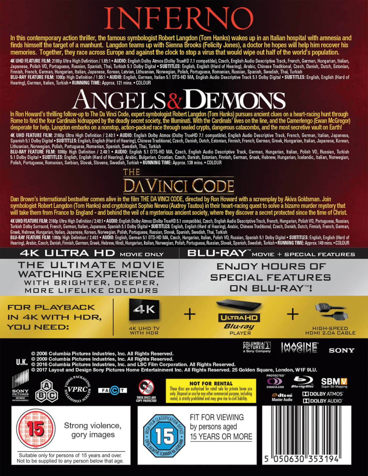 Коллекция фильмов о Роберте Лэнгдоне [Код да Винчи / Ангелы и демоны / Инферно] (4K UHD + Blu-ray)